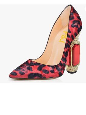 FSJ Red Leopard Print Pointed Toe Chunky High Heel Crystal Slip on Wedding Pumps